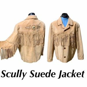 Scully Suede Leather Jacket with Conches on Back Tan w/Wood Buttons & Fringe